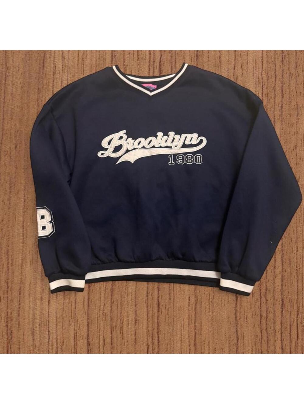 Edikted navy blue top with white 'Brooklyn' script logo